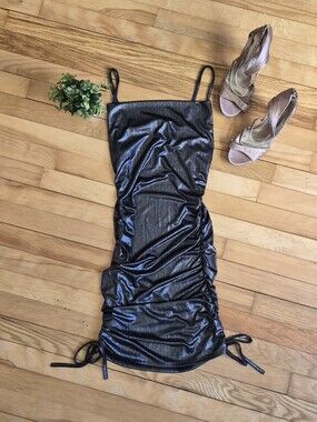 Forever Rose  Women’s Black Shimmery Ruched Slip Dress